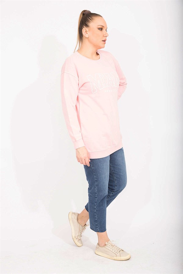 Kadın Pembe Pamuklu Kumaş Taş Ve Baskı Detaylı Sweatshirt 65N35482