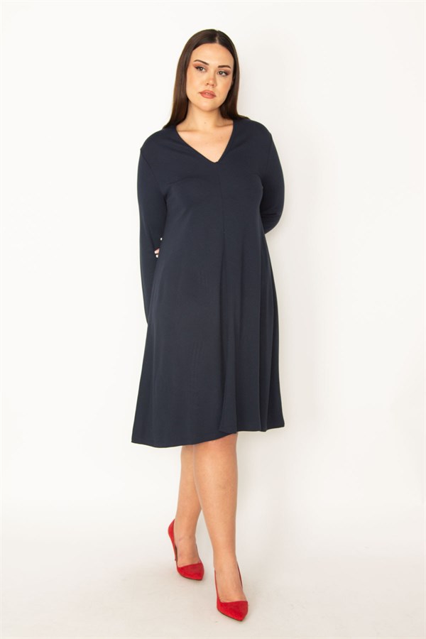 Kadın Lacivert V Yakalı Uzun Kollu Elbise 65N34945