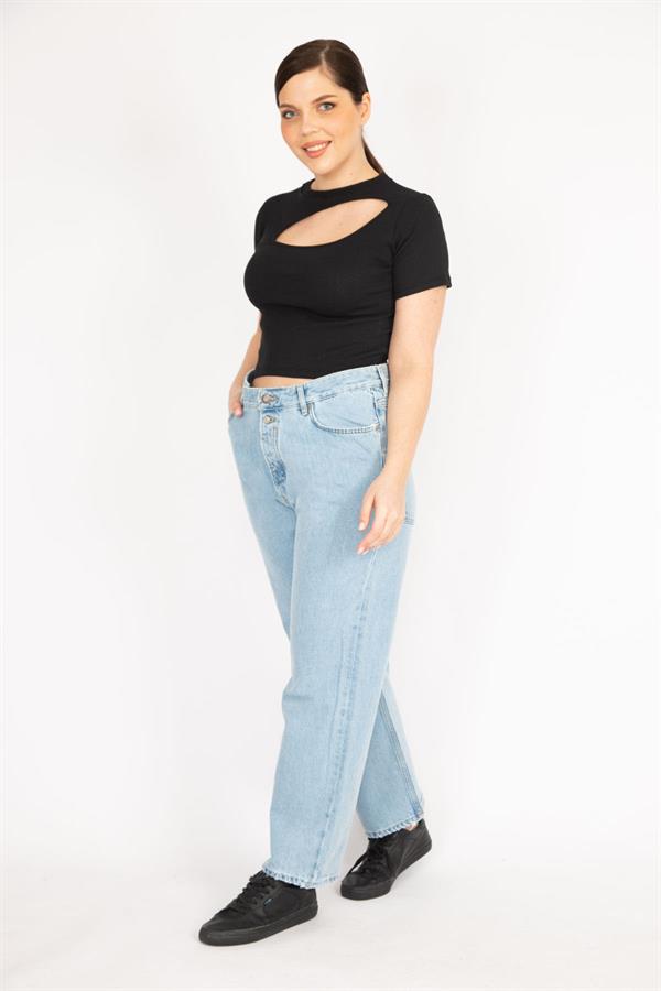 Kadın Mavi Büyük Beden Yıkama Efektli Yüksek Bel Ön Düğmeli Kot Pantolon