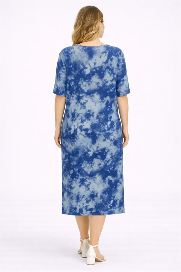 Kadın Büyük Beden Mavi, Batik Desen Viskon Elbise 65N39469