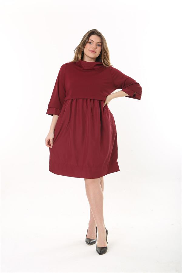 Kadın Büyük Beden Bordo Yaka Kol Ağzı Ve Etek Kısmı Tafta Kumaş Elbise 65N37545