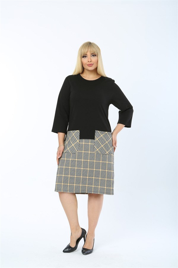 KADIN SİYAH ETEK KISMI EKOSE DESENLİ CEPLİ ELBİSE