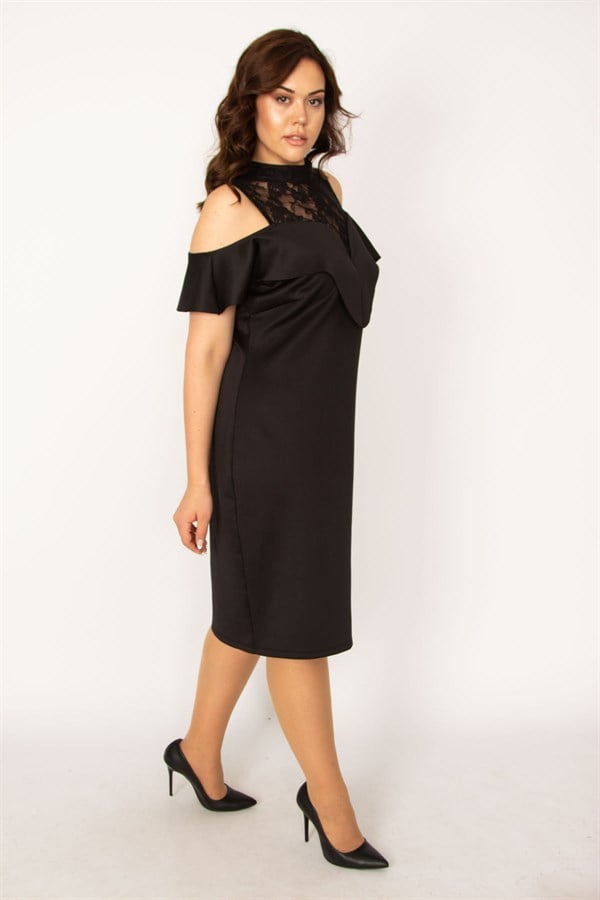 Kadın Siyah Dantel Ve Volan Detaylı Abiye Elbise