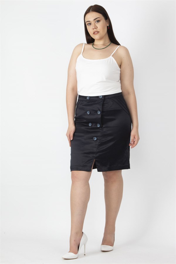 Kadın Lacivert Diagonal Saten Kumaş Düğme Detaylı Arka Bel Lastikli Etek 65N16670