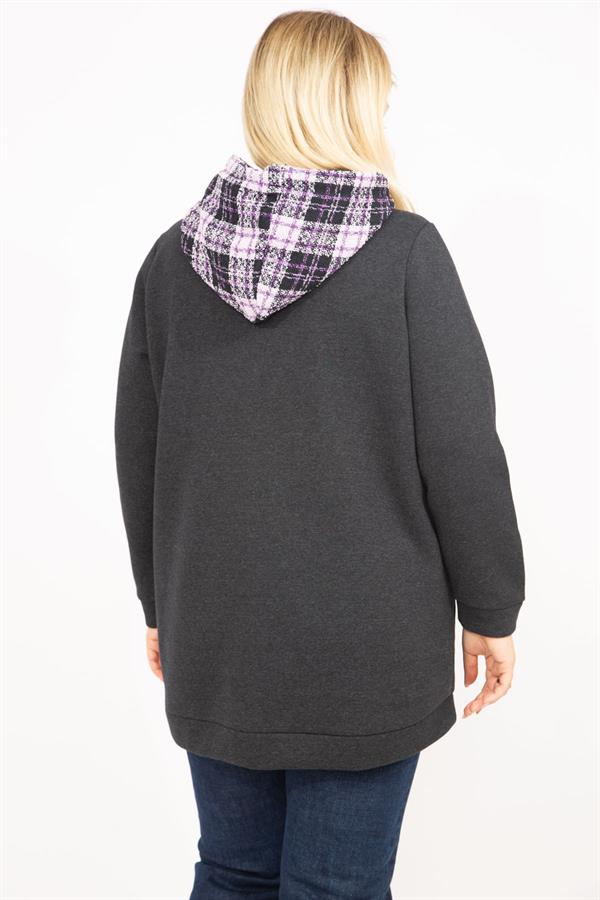 Kadın Füme Büyük Beden 3 İplik İçi Şardonlu Kapşonlu Sweatshirt 65N35750