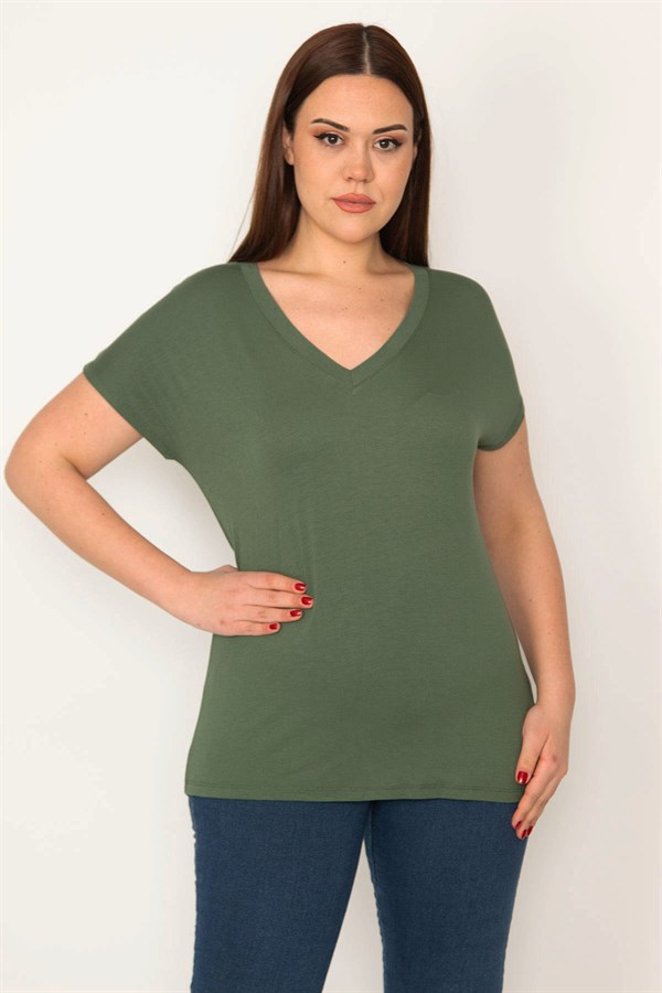 KADIN HAKİ V YAKALI KISA KOLLU BASİC BLUZ