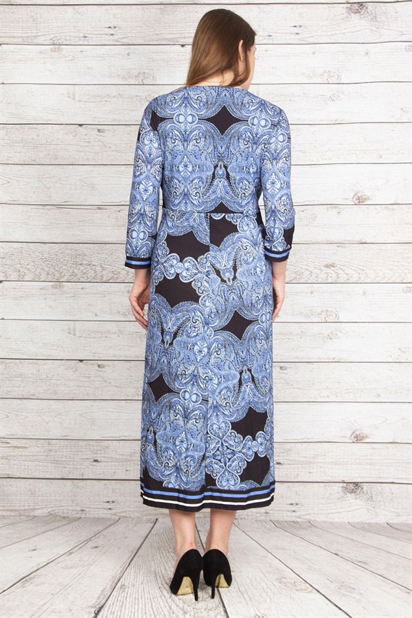 Kadın Mavi Anvelop Yakalı Desenli Uzun Elbise 65N23192