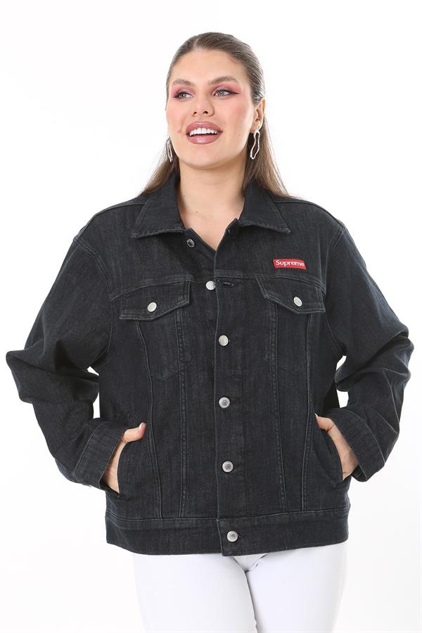 Kadın Büyük Beden Antrasit Metal Düğmeli Kup Detaylı Cepli Kot Mont 65N37714