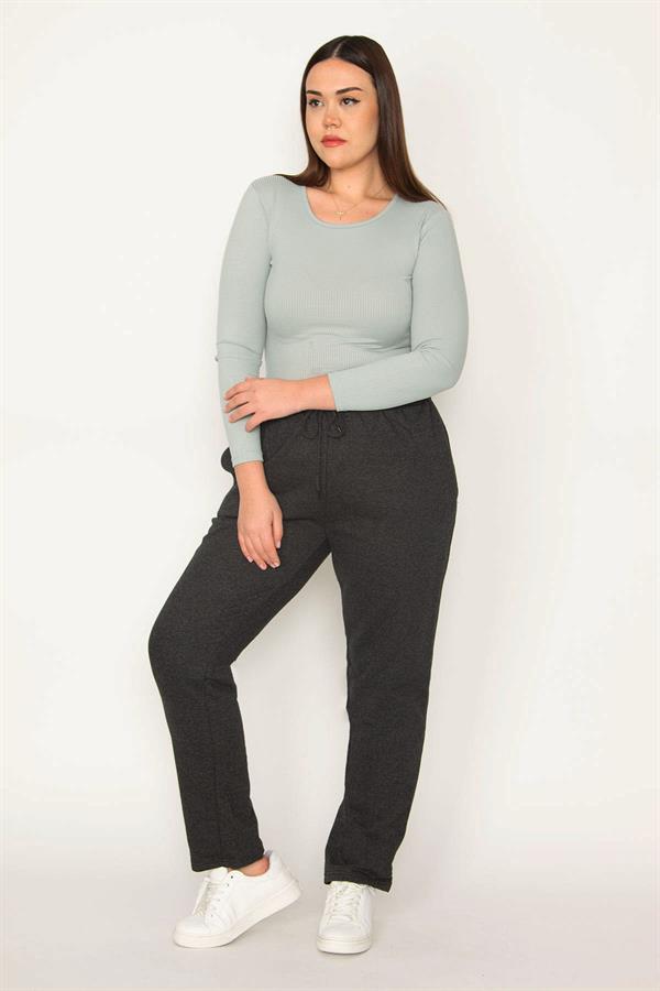 Kadın Büyük Beden Füme Yan Cepli Eşofman Alt 65N36890