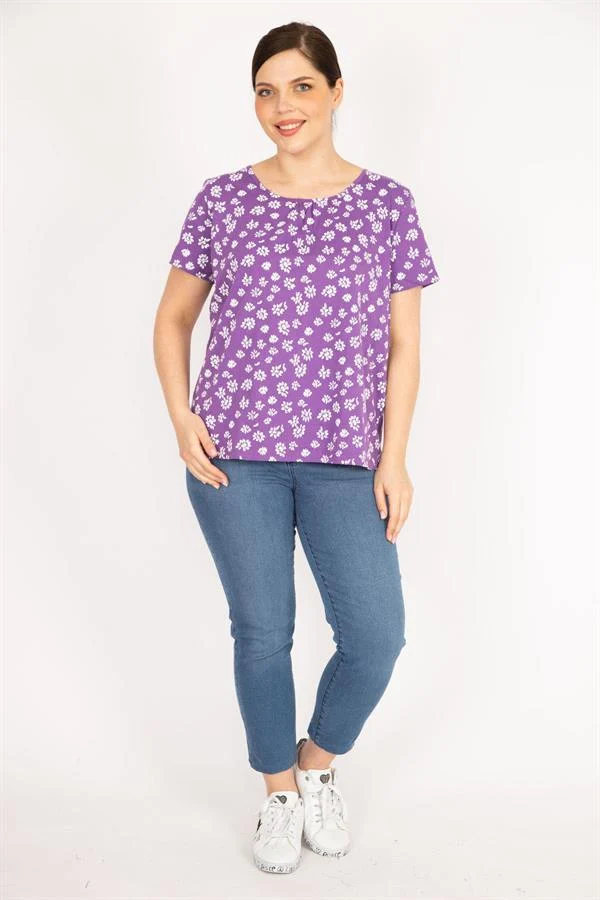 Kadın Lila Büyük Beden Pamuklu Kumaş Kısa Kollu Desenli Bluz