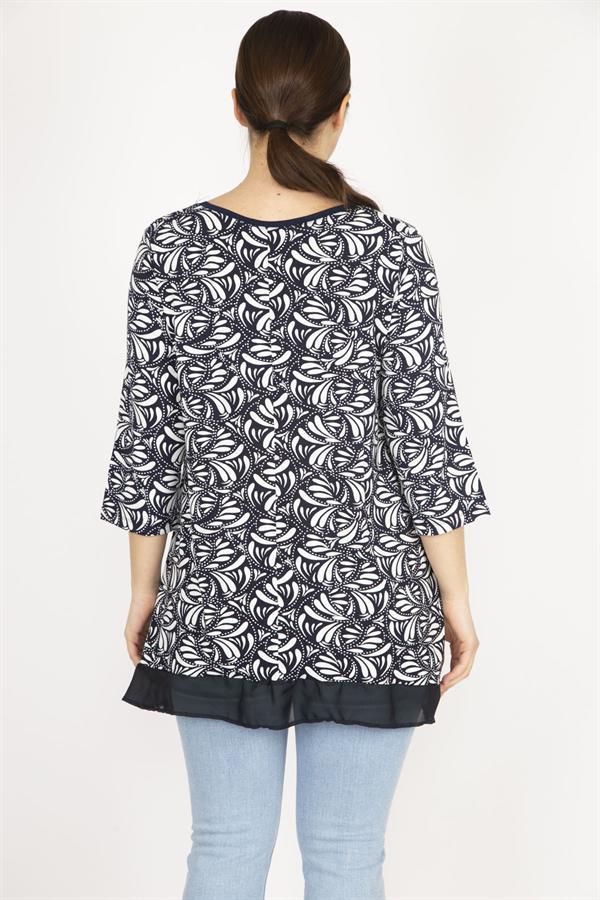 Kadın Lacivert Büyük Beden Etek Ucu Şifon Garnili Tunik