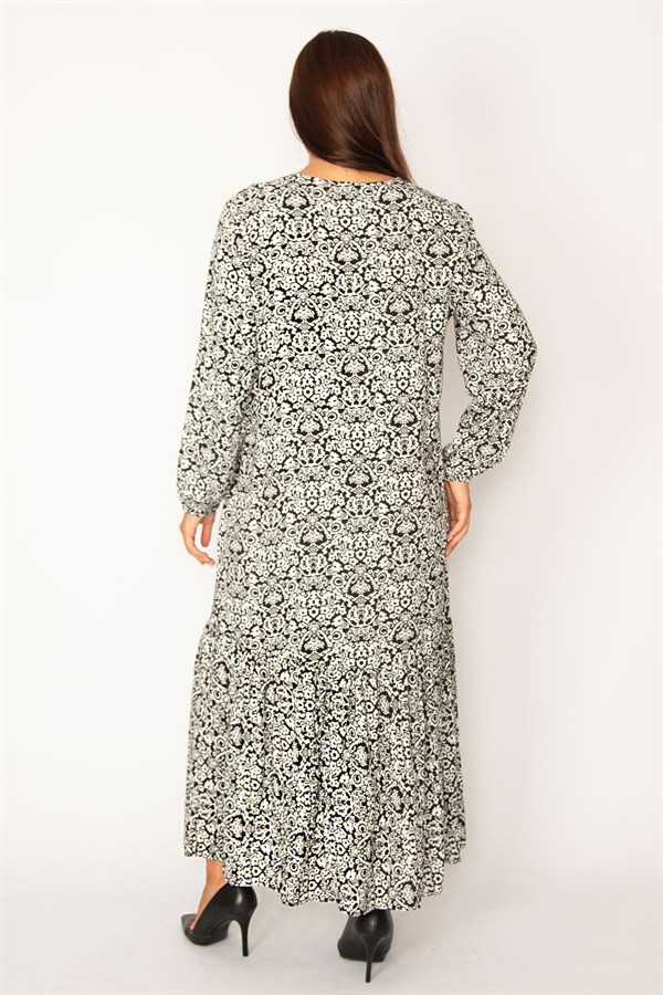 Kadın Siyah Dokuma Viskon Kumaş Etek Ucu Katlı Uzun Kollu Elbise 65N34324