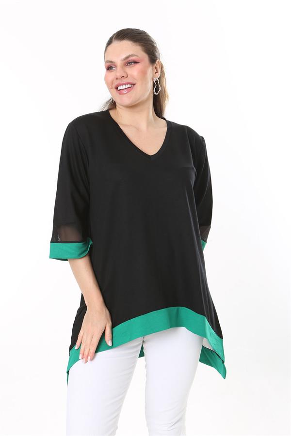 Kadın Büyük Beden Kemik Kol Ve Etek Ucu Tül Ve Garni Detaylı V Yakalı Arkası Uzun Tunik 65N37681