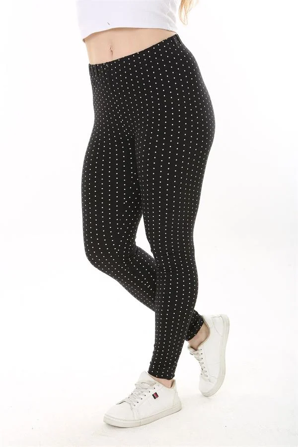 Kadın Büyük Beden Siyah Pamuk Kumaş Puan Desenli Tayt 65N37654