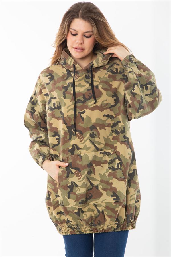 Women's Plus Size Khaki Casual Cut Camouflage Patterned Hooded Kangaroo Pocket Long Sweatshirt 65N37298
