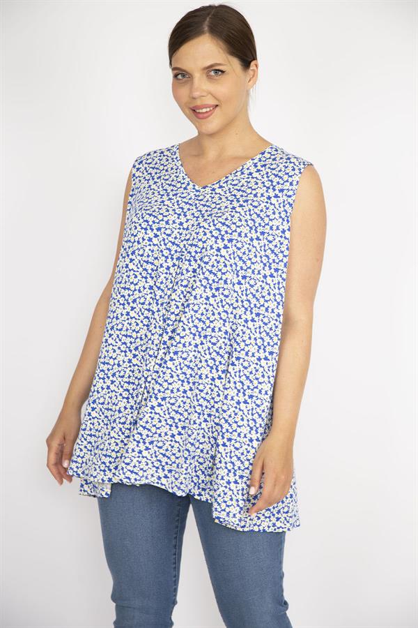 Kadın Mavi Büyük Beden V Yakalı Önü A Pile Çiçek Desenli Bluz