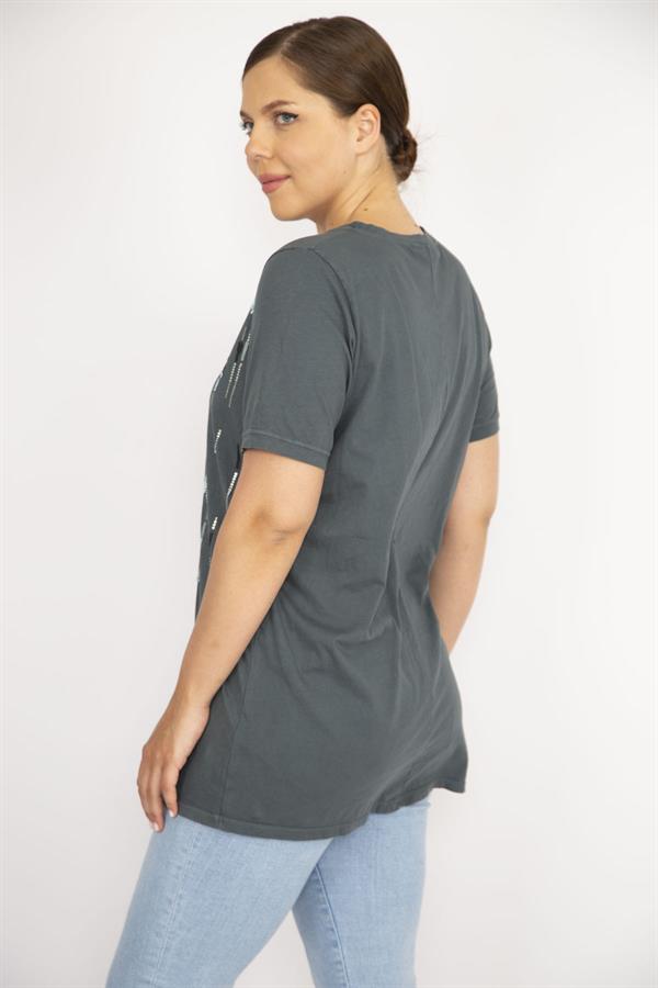 Kadın Büyük Beden Bebe Mavisi Payet Ve Taş İşli Bisiklet Yakalı Bluz