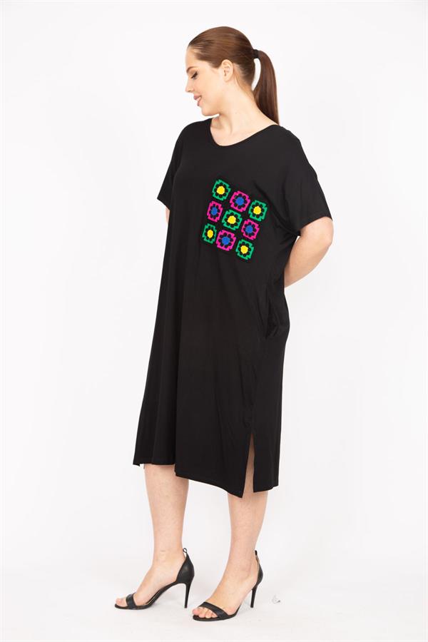 Kadın Siyah Büyük Beden Nakış Detaylı Düşük Kollu Elbise 65N35845