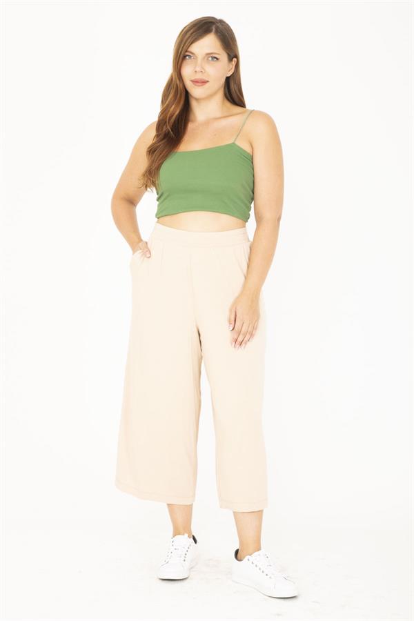 Kadın Büyük Beden Bej Geniş Paçalı Beli Lastikli Yan Cepli Viskon Pantolon 65N36807