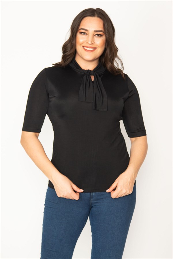 KADIN SİYAH YAKA FULAR BAĞLAMALI BLUZ