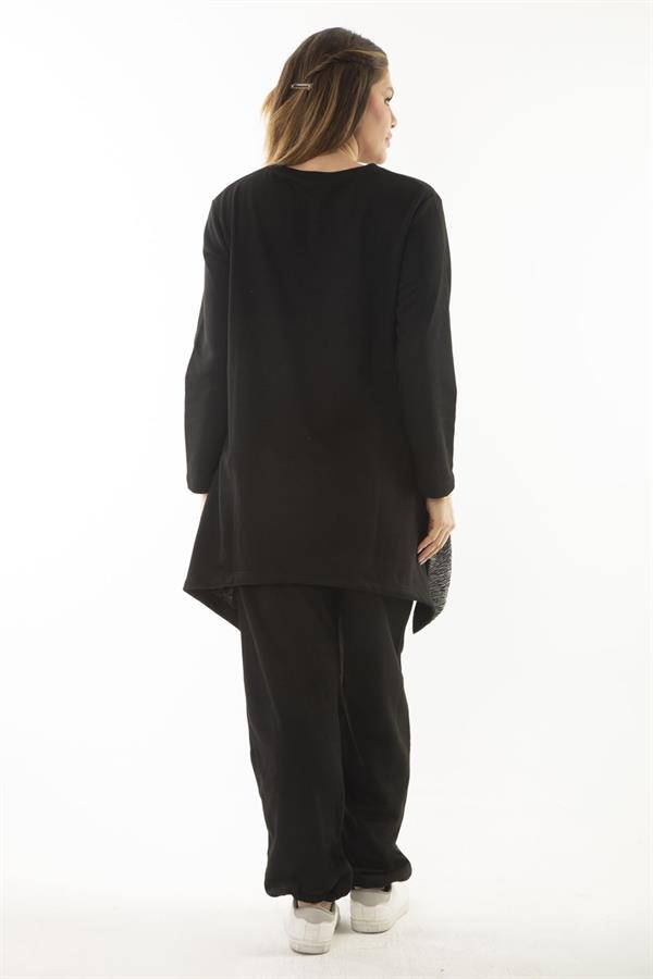 Kadın Büyük Beden Siyah Sim Detaylı Sweatshirt Pantolon İkili Takım 65N37054