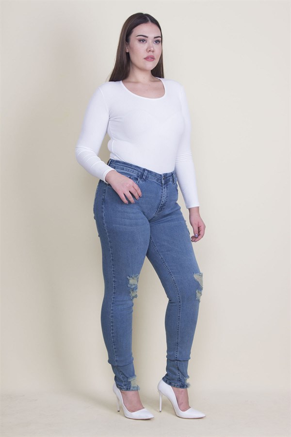 Kadın Mavi Yırtık Detaylı Likralı Kot Skinny Pantolon 65N35338