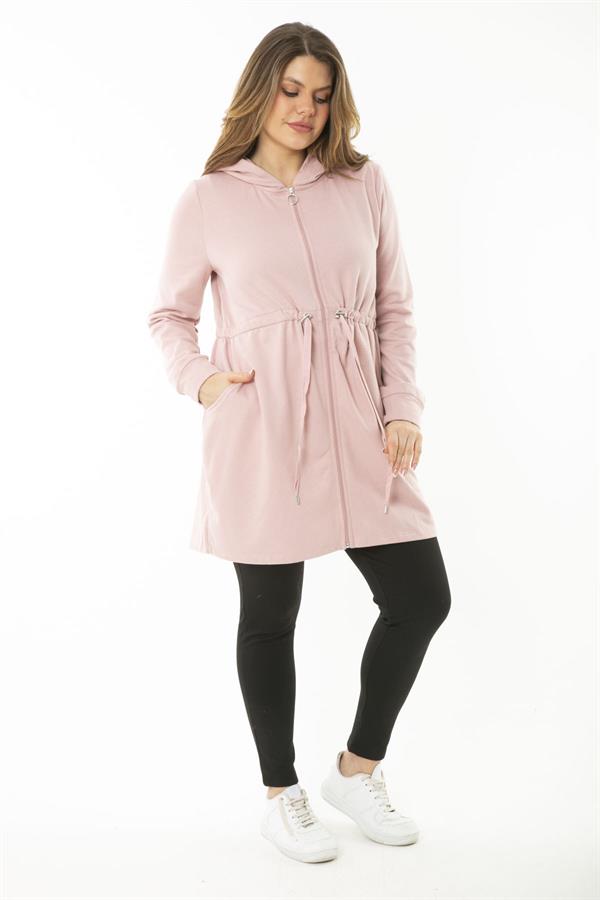 Kadın Büyük Beden Pembe Kapşonlu Belden Büzgü Bağcıklı Sweatshirt 65N37119