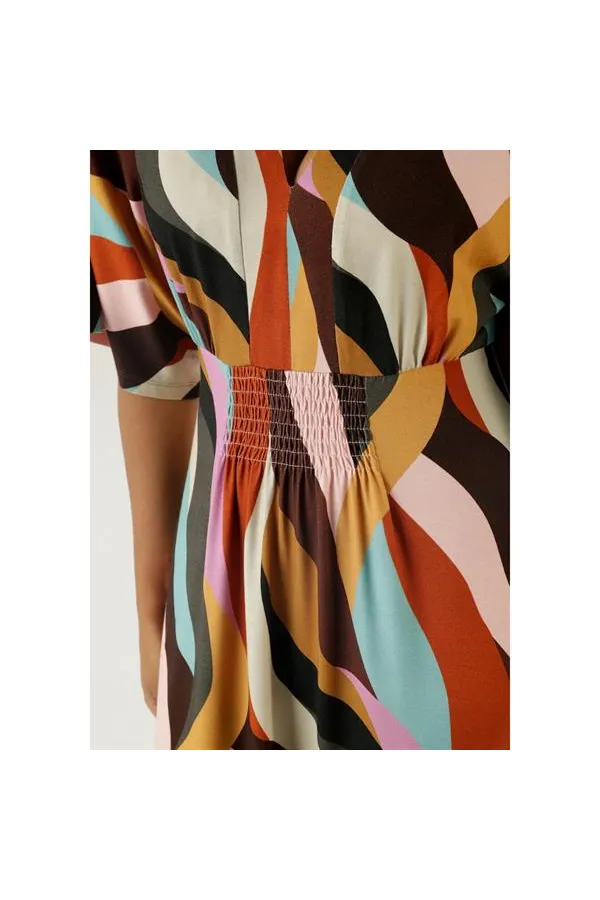 Kadın Büyük Beden Renkli, Ön Gipe Lastik Detaylı Yarasa Kol, Desenli Uzun Elbise 65N38811