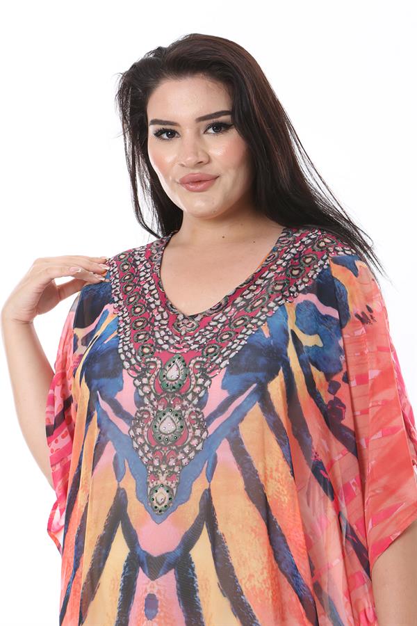 Kadın Büyük Beden Renkli Taş Detaylı Astarsız Şifon Kap 65N38322
