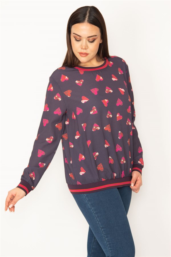 KADIN RENKLİ KALP DESENLİ RİBANALI BLUZ