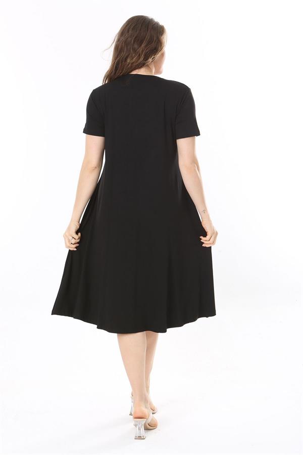 Kadın Büyük Beden Siyah Nakış Detaylı V Yakalı Cepli Elbise 65N37962