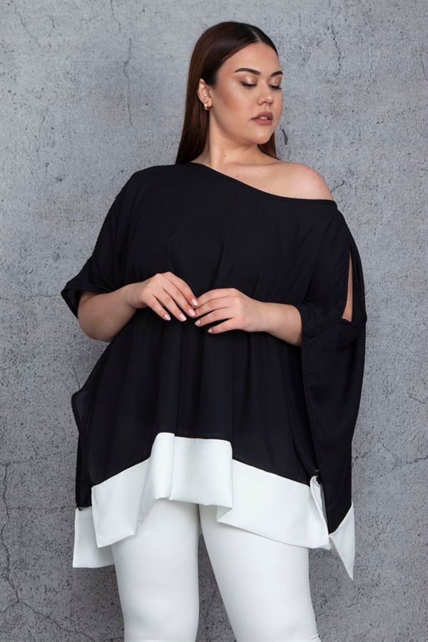 Kadın Siyah Omuz Dekolteli Etek Ucu Bantlı Şifon Tunik 65N25562