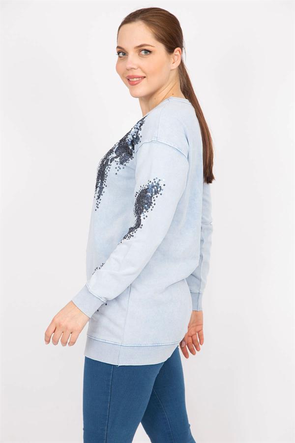 Kadın Mavi Büyük Beden Payet Detaylı Sweatshirt