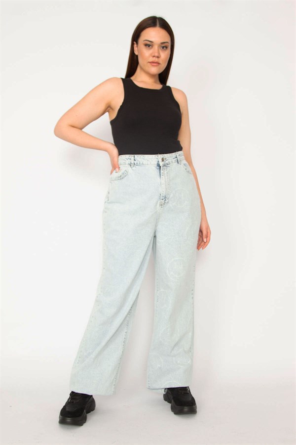KADIN MAVİ SİLİK BASKILI MOM JEAN PANTOLON