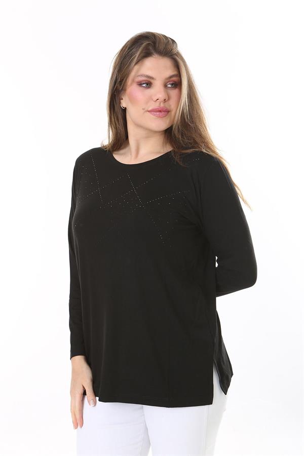 Kadın Büyük Beden Siyah Önü Taş Ve Sırtı Dantel Detaylı Uzun Kollu Bluz 65N37803