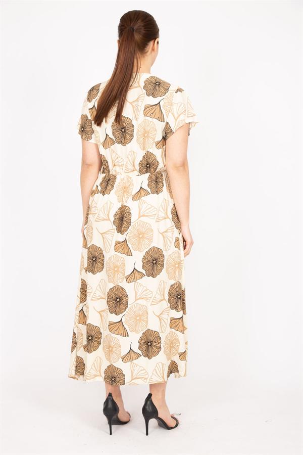 Kadın Bej Büyük Beden Dokuma Viskon Kumaş Eteği Anvelop Beli Lastikli Elbise 65N35832