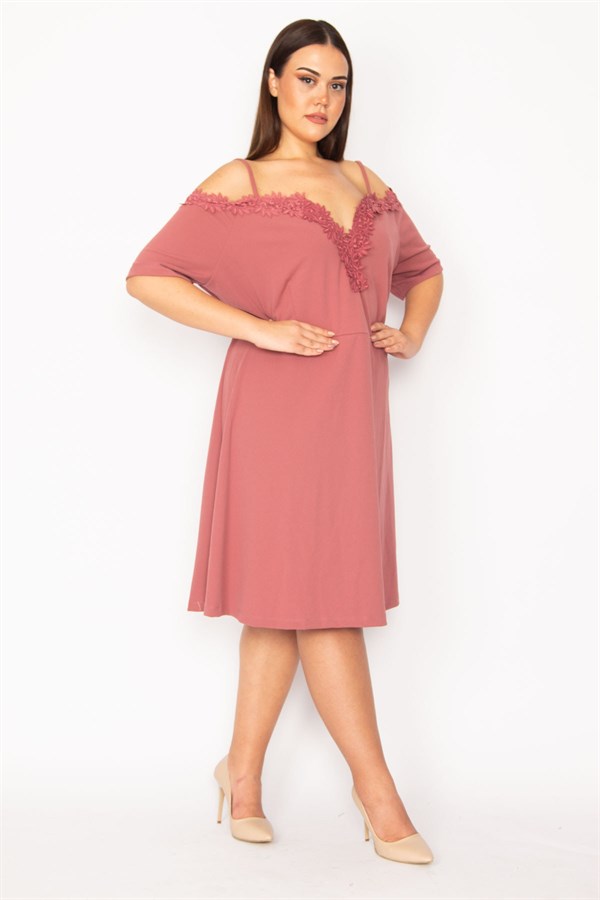 Women's Dusty Rose Lace Detailed Off-the-Shoulder Strap Dress 26A32165