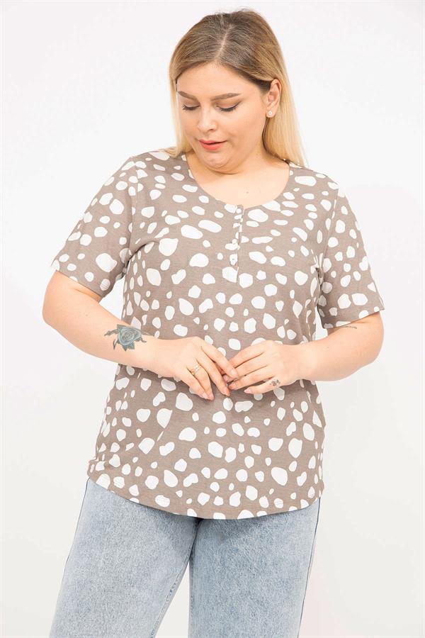 Kadın Vizon Büyük Beden Pamuklu Kumaş Ön Pat Düğmeli Bluz 65N35792