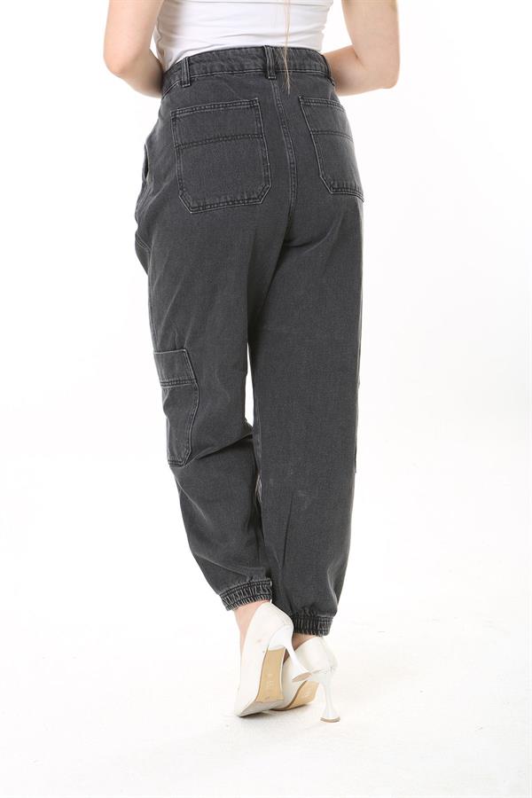 Kadın Büyük Beden Füme Kargo Cepli Paçası Lastik Detaylı Kot Pantolon 65N38028