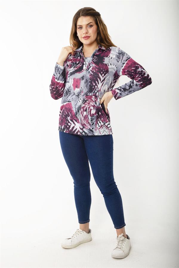 Kadın Büyük Beden Bordo Ön Patı Fermuarlı Uzun Kollu Desenli Bluz 65N37218