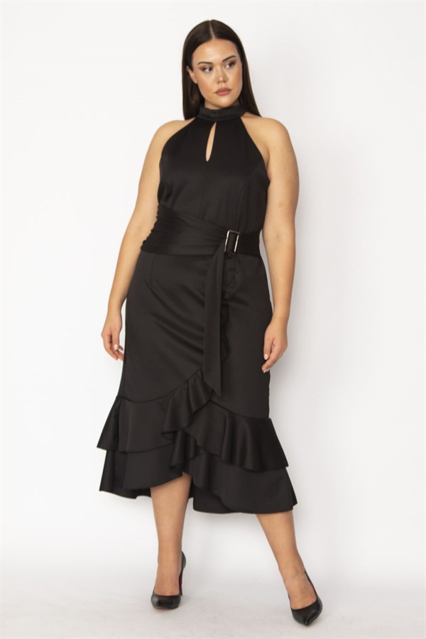 WOMEN'S BLACK HALTERNECK COLLAR DRESS WITH FLOUNCED AND BUCKLE DETAILS AND HIDDEN BACK ZIPPER