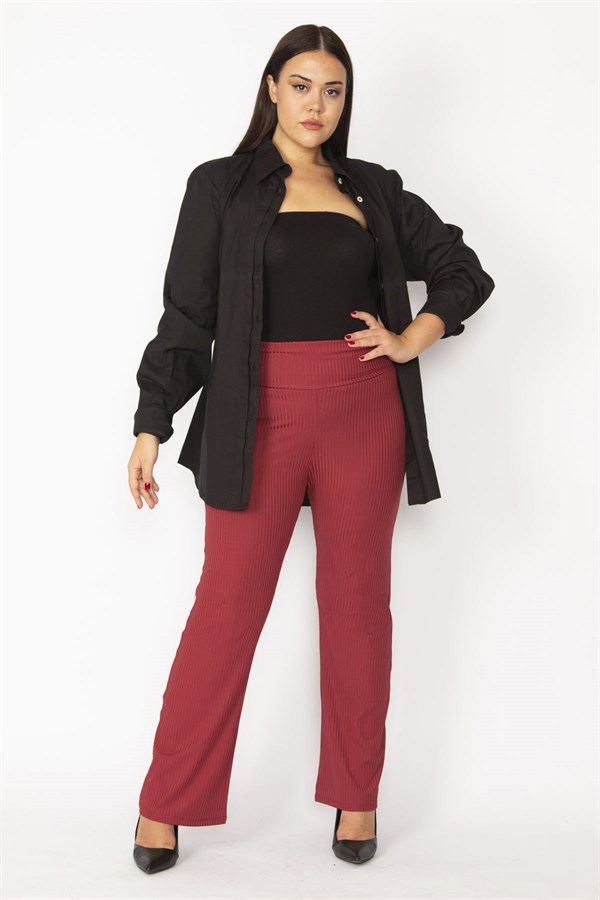 KADIN BORDO KENDİNDEN ÇİZGİLİ STRECH GENİŞ PAÇALI PANTOLON