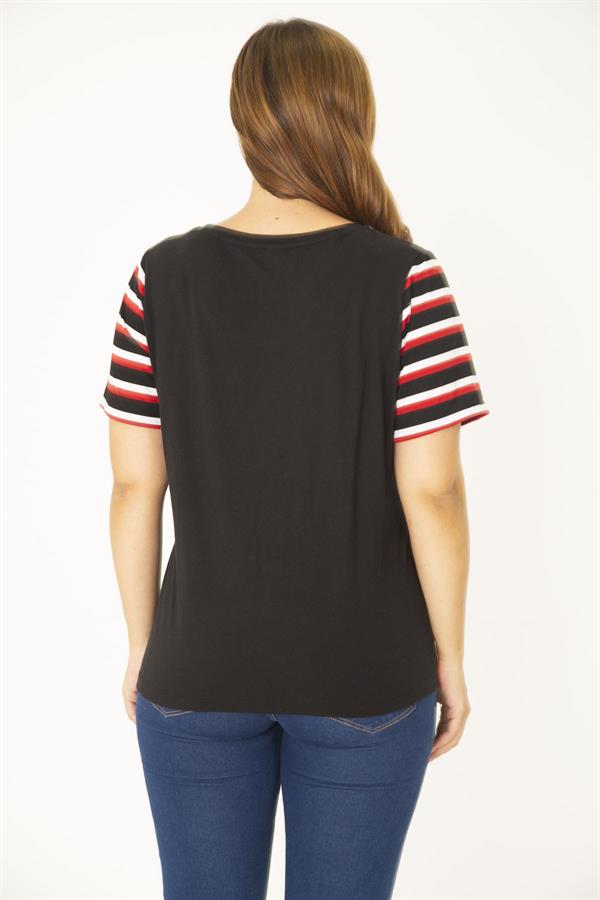 Kadın Büyük Beden Siyah Bisiklet Yakalı Çizgi Kombinli Bluz 65N36935