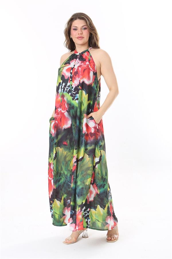 Kadın Büyük Beden Renkli Halter Yakalı Ön Patı Düğmeli Astarsız Krep Şifon Elbise 65N37986