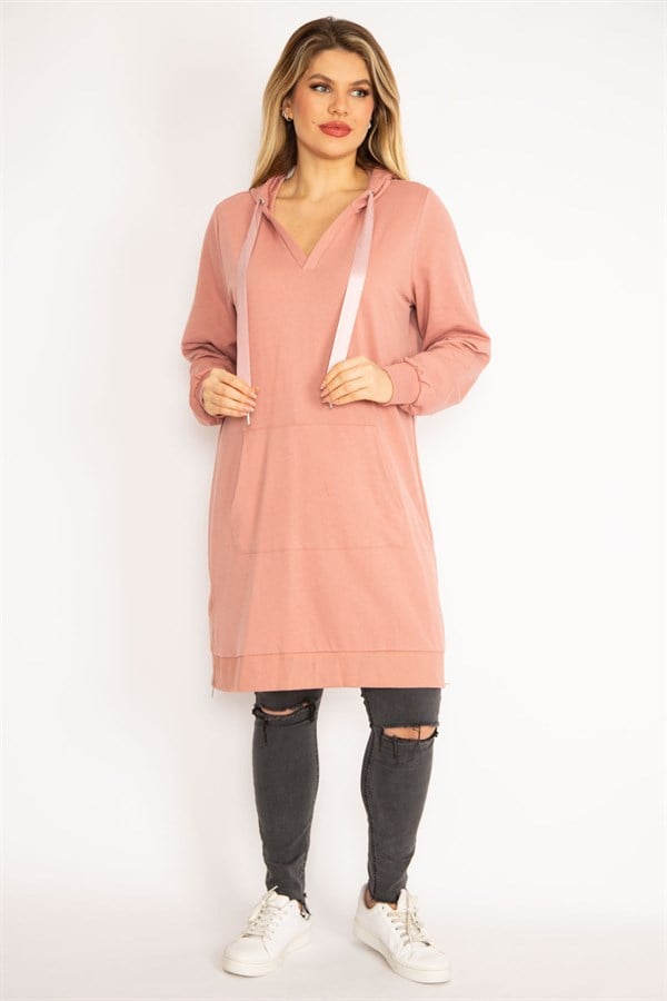 Women's Pink Hooded Kangaroo Pocket Sweatshirt 65N35092