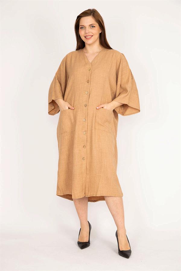 Kadın Camel Büyük Beden Omuz Dekolteli Ön Düğmeli Elbise