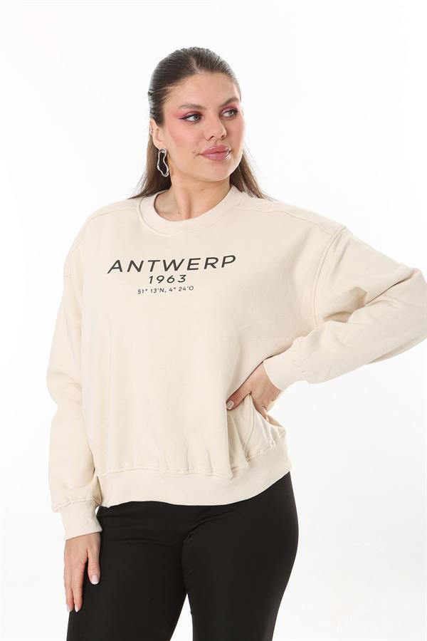 Women's Plus Size Beige Fabric Front Printed Sweatshirt with Raised Interior 65N37719