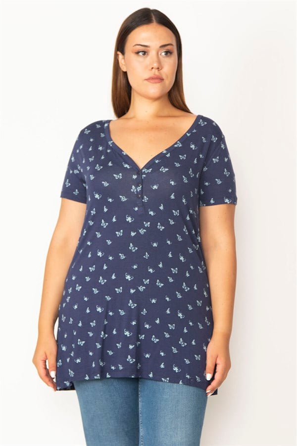 Kadın Lacivert Ön Pat Düğmeli V Yakalı Kelebek Desenli Bluz 65N27850