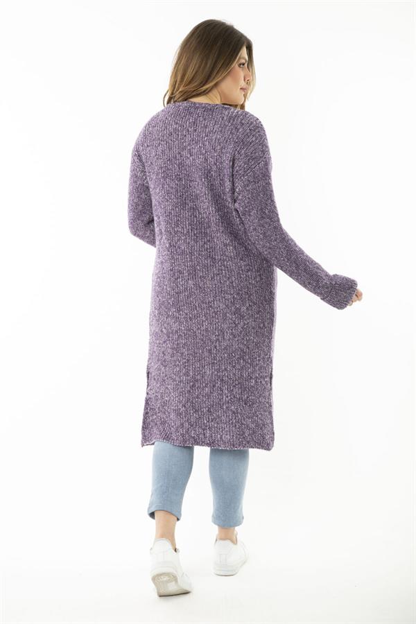 Kadın Büyük Beden Mor Yırtmaçlı Kalın Triko Uzun Hırka 65N37166