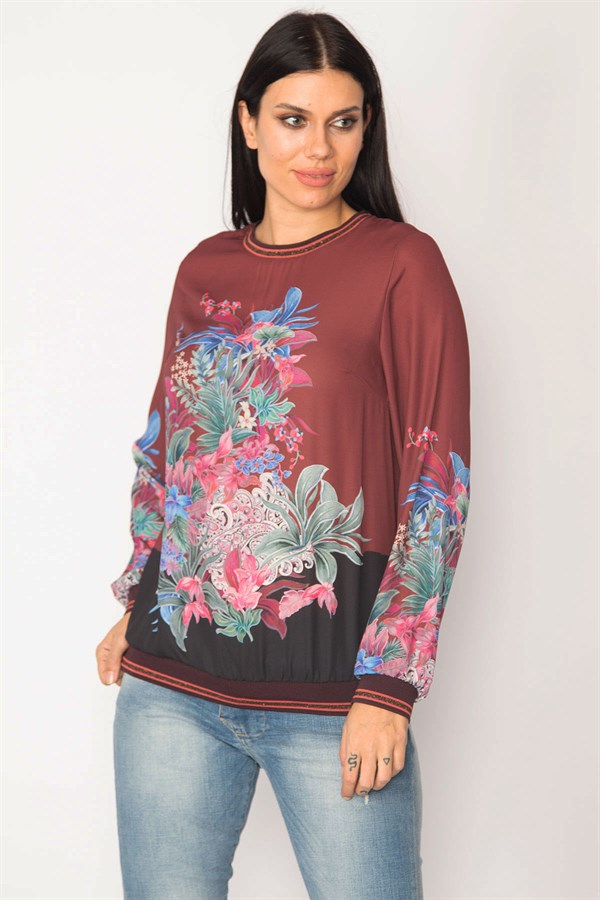 KADIN BORDO KOLAĞZI ETEK UCU VE YAKA RİBANALI BİSİKLET YAKALI BLUZ